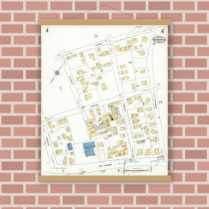 Old map wall art mockup — magnetic wood frame on brick wall — Sanborn Fire Insurance Map from Watertown, Middlesex County, Massachusetts (1923), Sheet #0004