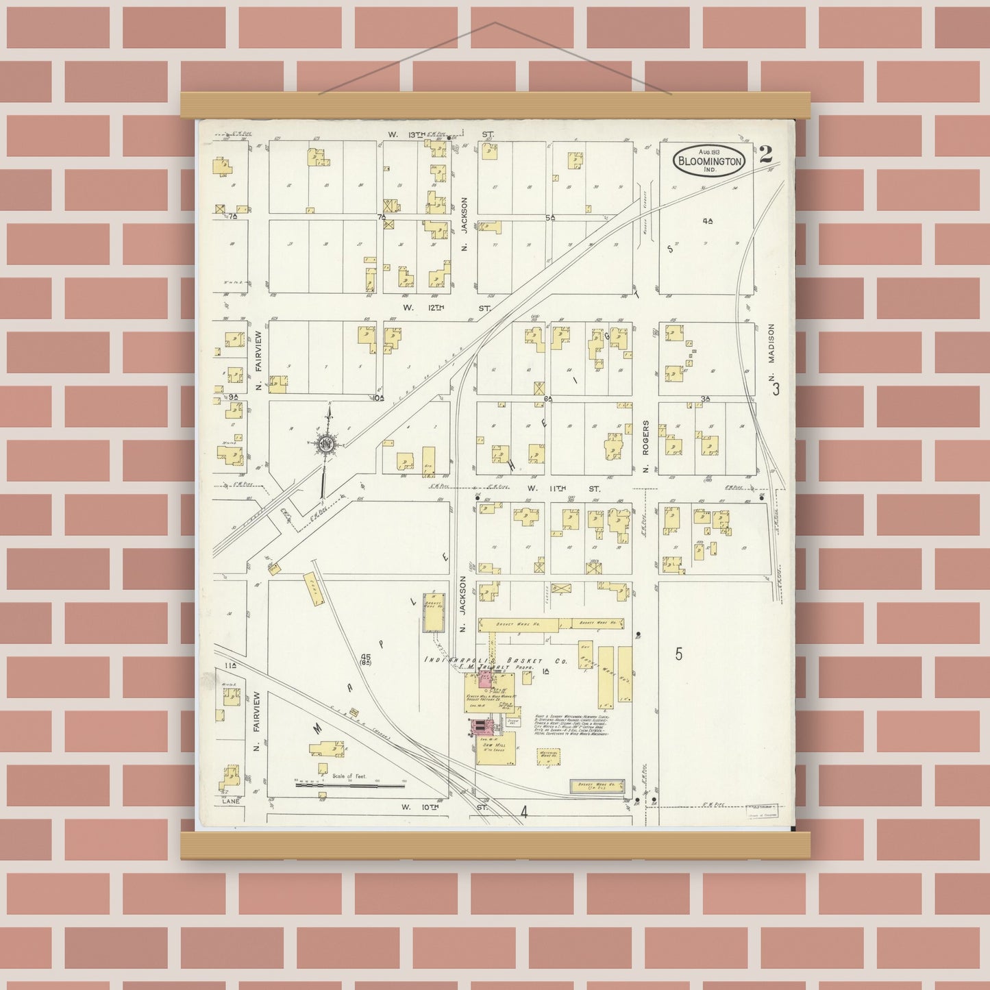Old map wall art mockup — magnetic wood frame on brick wall — Sanborn Fire Insurance Map from Bloomington, Monroe County, Indiana (1913), Sheet #0002