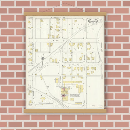 Old map wall art mockup — magnetic wood frame on brick wall — Sanborn Fire Insurance Map from Bloomington, Monroe County, Indiana (1913), Sheet #0002