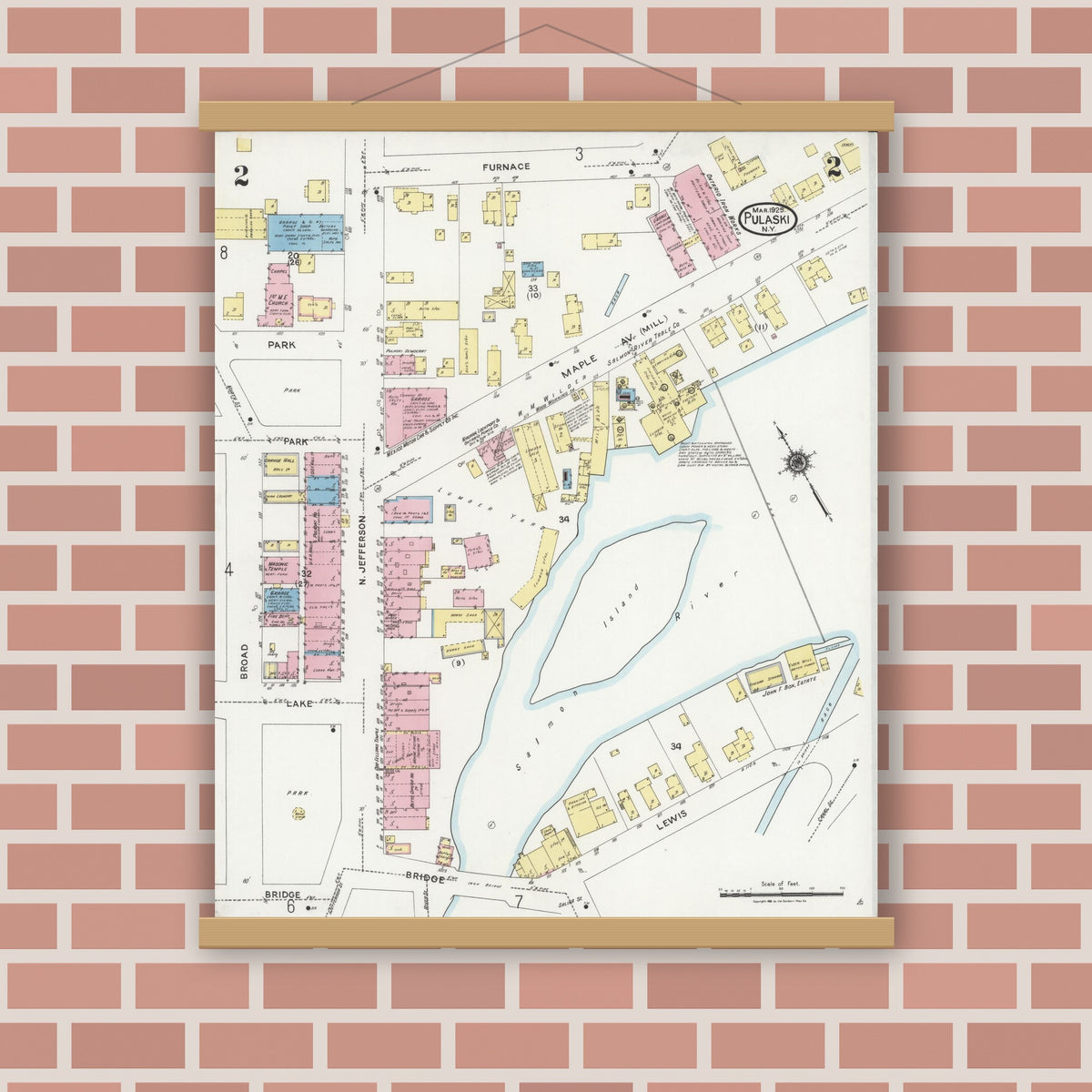 Old map wall art mockup — magnetic wood frame on brick wall — Sanborn Fire Insurance Map from Pulaski, Oswego County, New York (1925), Sheet #0002