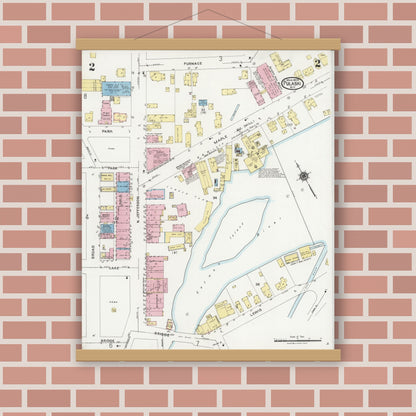 Old map wall art mockup — magnetic wood frame on brick wall — Sanborn Fire Insurance Map from Pulaski, Oswego County, New York (1925), Sheet #0002