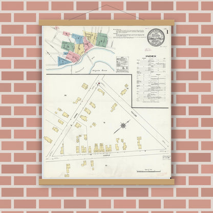 Old map wall art mockup — magnetic wood frame on brick wall — Sanborn Fire Insurance Map from South Hadley Falls, Hampshire County, Massachusetts (1910), Sheet #0001