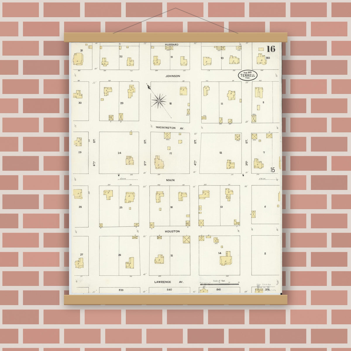 Old map wall art mockup — magnetic wood frame on brick wall — Sanborn Fire Insurance Map from Terrell, Kaufman County, Texas (1909), Sheet #0016