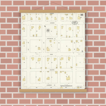 Old map wall art mockup — magnetic wood frame on brick wall — Sanborn Fire Insurance Map from Terrell, Kaufman County, Texas (1909), Sheet #0016