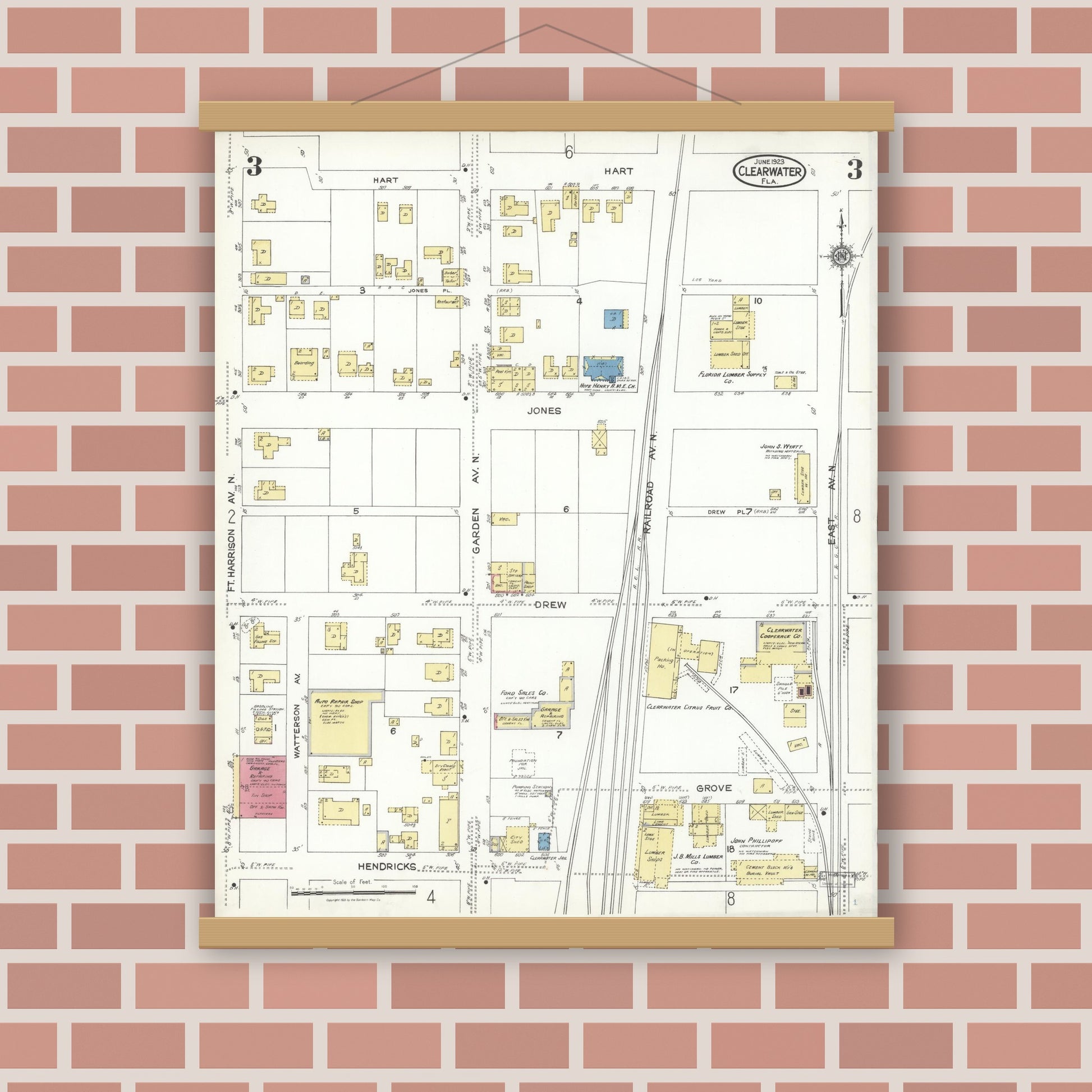 Old map wall art mockup — magnetic wood frame on brick wall — Sanborn Fire Insurance Map from Clearwater, Pinellas County, Florida (1923), Sheet #0003