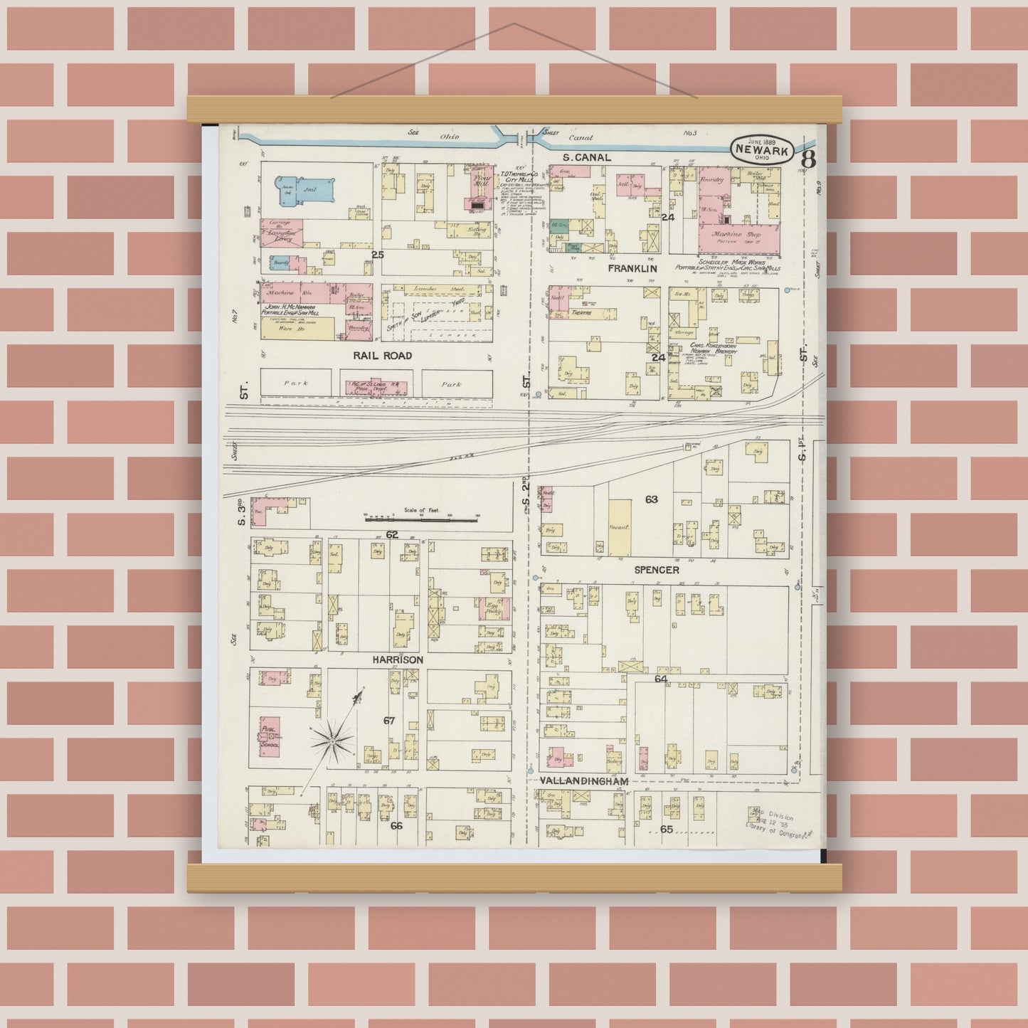 Old map wall art mockup — magnetic wood frame on brick wall — Sanborn Fire Insurance Map from Newark, Licking County, Ohio (1889), Sheet #0008