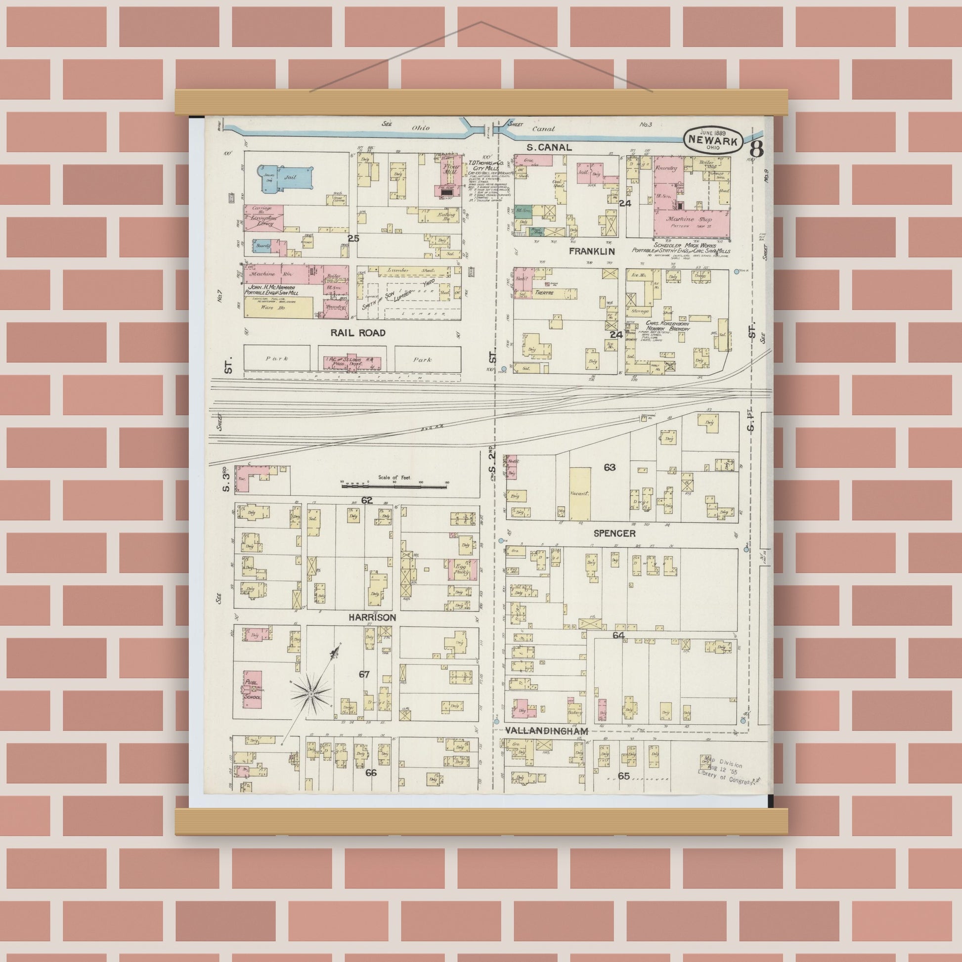 Old map wall art mockup — magnetic wood frame on brick wall — Sanborn Fire Insurance Map from Newark, Licking County, Ohio (1889), Sheet #0008