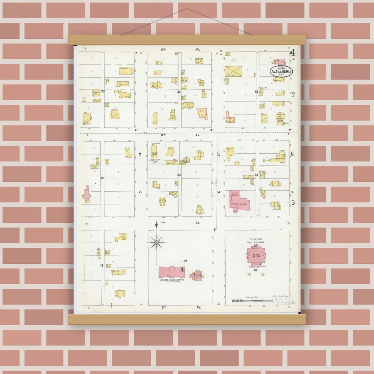 Old map wall art mockup — magnetic wood frame on brick wall — Sanborn Fire Insurance Map from Alexandria, Douglas County, Minnesota (1899), Sheet #0004