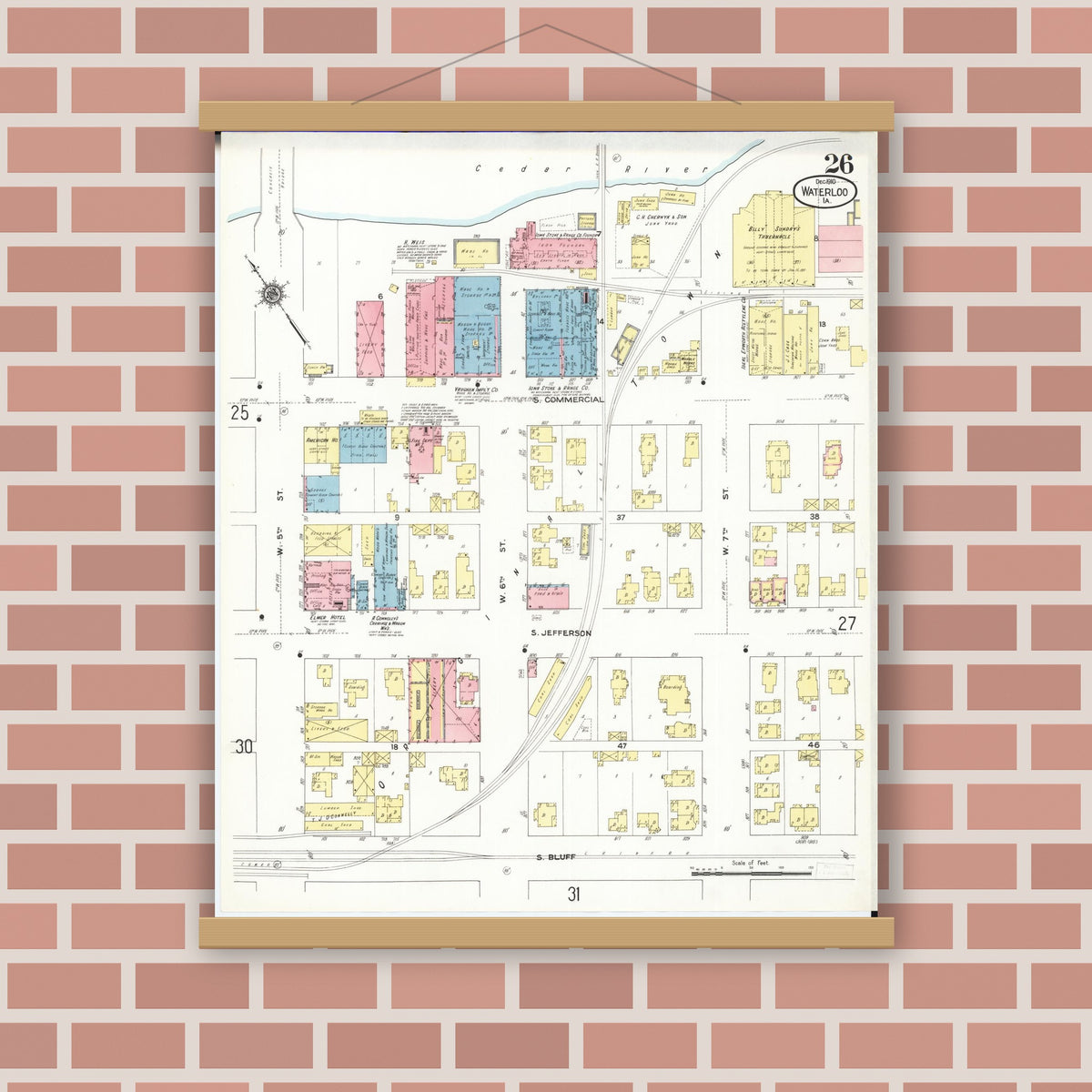 Old map wall art mockup — magnetic wood frame on brick wall — Sanborn Fire Insurance Map from Waterloo, Black Hawk County, Iowa (1910), Sheet #0026