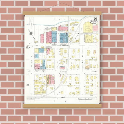 Old map wall art mockup — magnetic wood frame on brick wall — Sanborn Fire Insurance Map from Waterloo, Black Hawk County, Iowa (1910), Sheet #0026