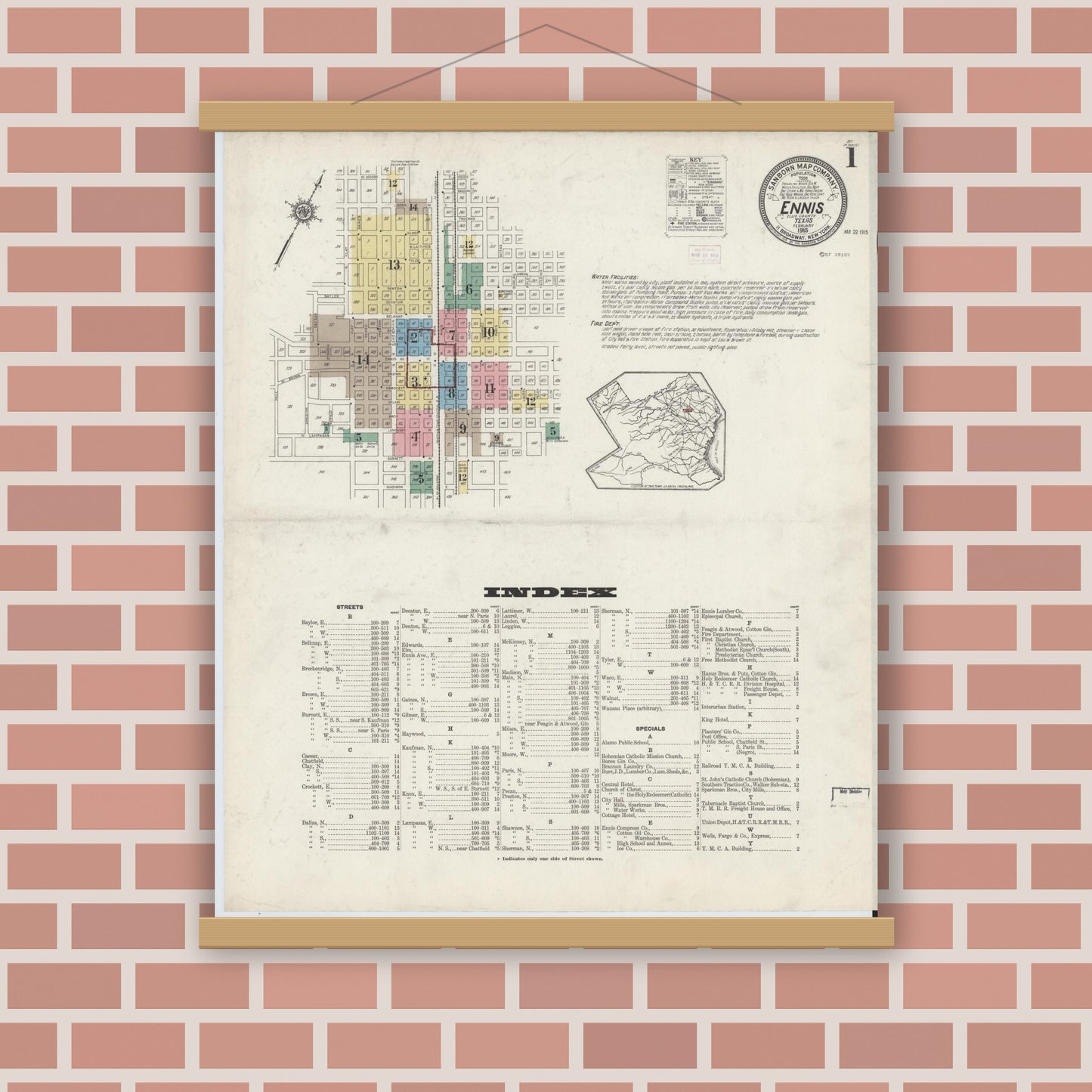 Old map wall art mockup — magnetic wood frame on brick wall — Sanborn Fire Insurance Map from Ennis, Ellis County, Texas (1915), Sheet #0001