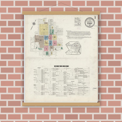 Old map wall art mockup — magnetic wood frame on brick wall — Sanborn Fire Insurance Map from Ennis, Ellis County, Texas (1915), Sheet #0001