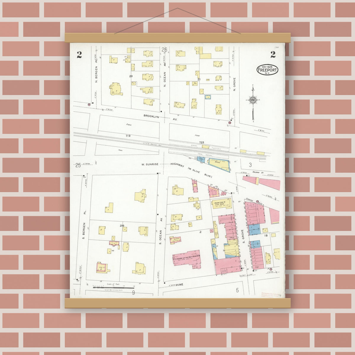 Old map wall art mockup — magnetic wood frame on brick wall — Sanborn Fire Insurance Map from Freeport, Nassau County, New York (1928) - Complete Map Set