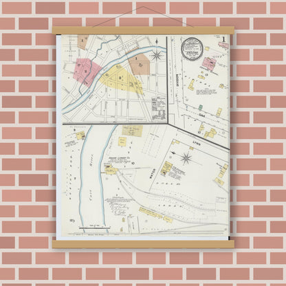 Old map wall art mockup — magnetic wood frame on brick wall — Sanborn Fire Insurance Map from Vassar, Tuscola County, Michigan (1889), Sheet #0001
