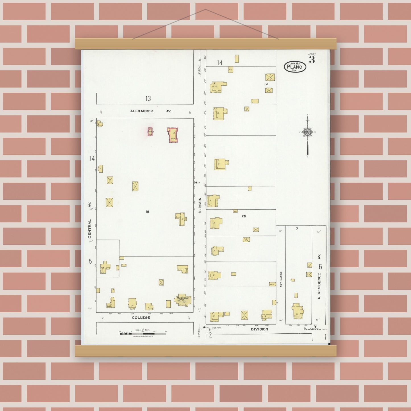 Old map wall art mockup — magnetic wood frame on brick wall — Sanborn Fire Insurance Map from Plano, Collin County, Texas (1921), Sheet #0003