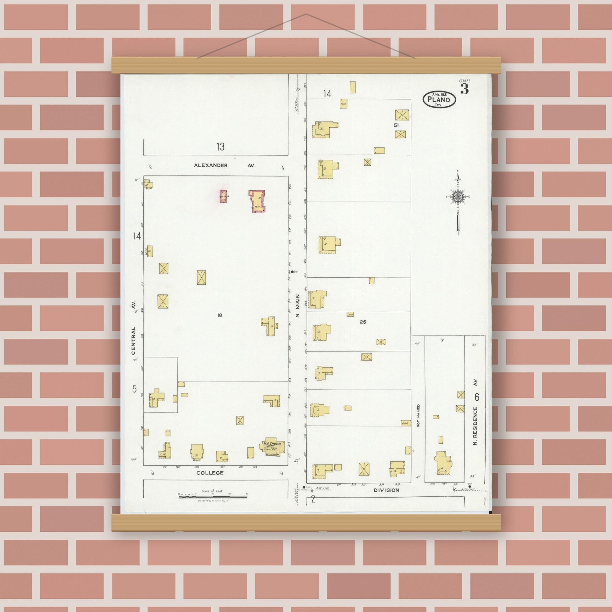 Old map wall art mockup — magnetic wood frame on brick wall — Sanborn Fire Insurance Map from Plano, Collin County, Texas (1921), Sheet #0003