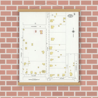 Old map wall art mockup — magnetic wood frame on brick wall — Sanborn Fire Insurance Map from Plano, Collin County, Texas (1921), Sheet #0003