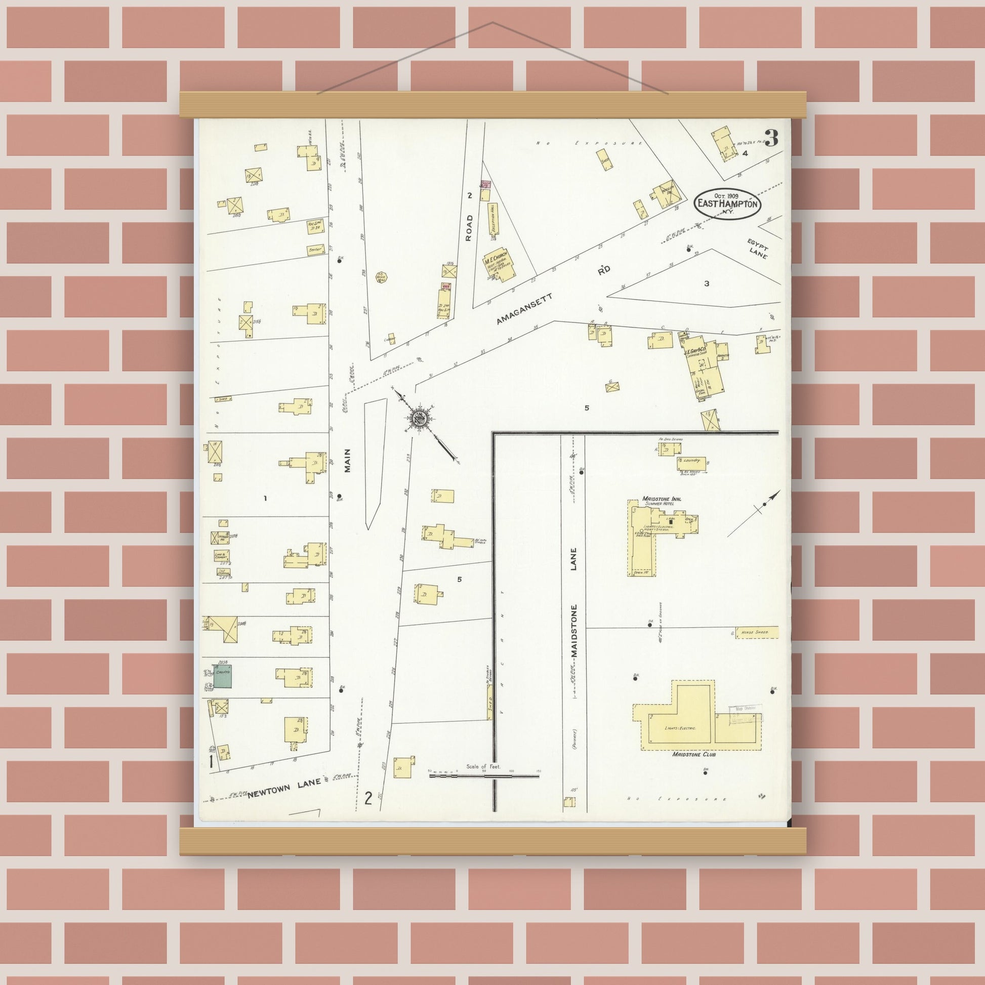 Old map wall art mockup — magnetic wood frame on brick wall — Sanborn Fire Insurance Map from Easthampton, Suffolk County, New York (1909), Sheet #0003