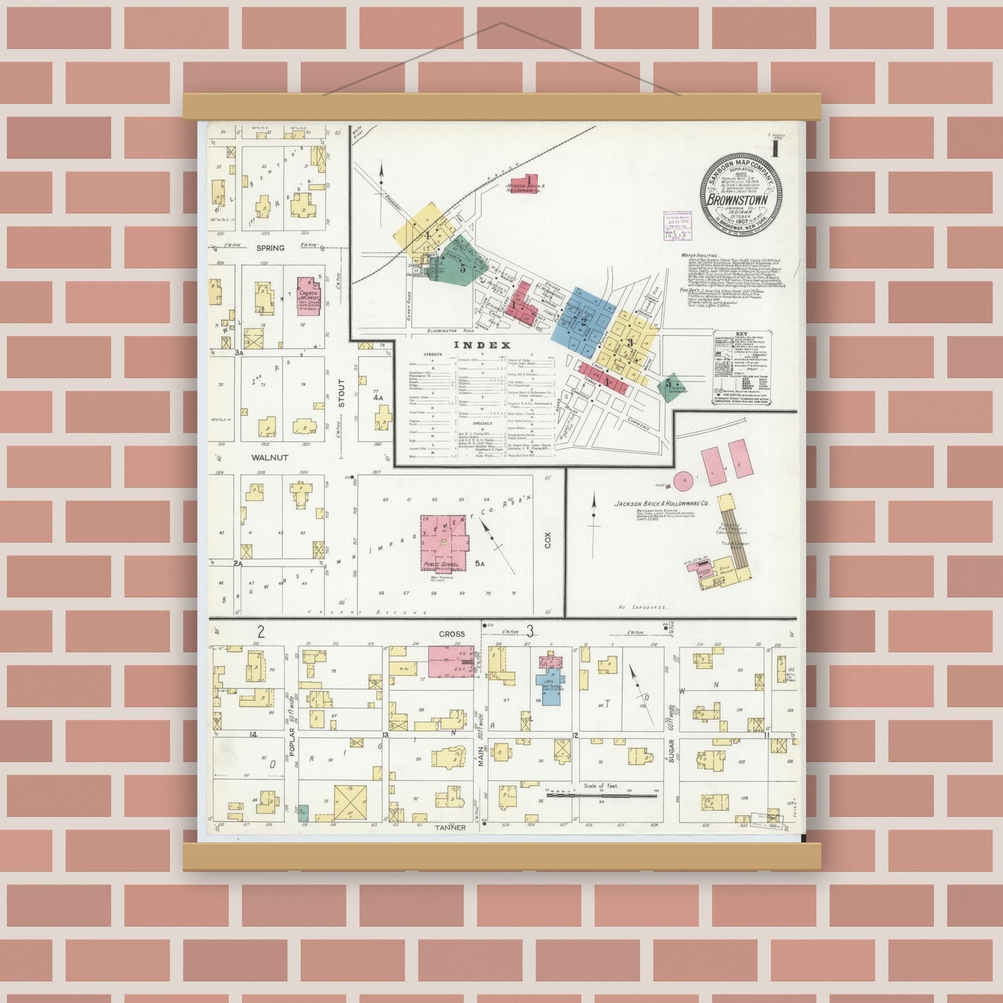 Old map wall art mockup — magnetic wood frame on brick wall — Sanborn Fire Insurance Map from Brownstown, Jackson County, Indiana (1907) - Complete Map Set