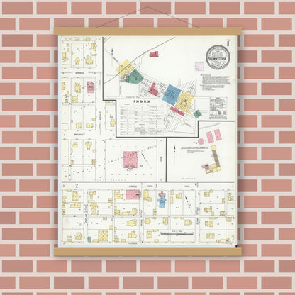 Old map wall art mockup — magnetic wood frame on brick wall — Sanborn Fire Insurance Map from Brownstown, Jackson County, Indiana (1907) - Complete Map Set