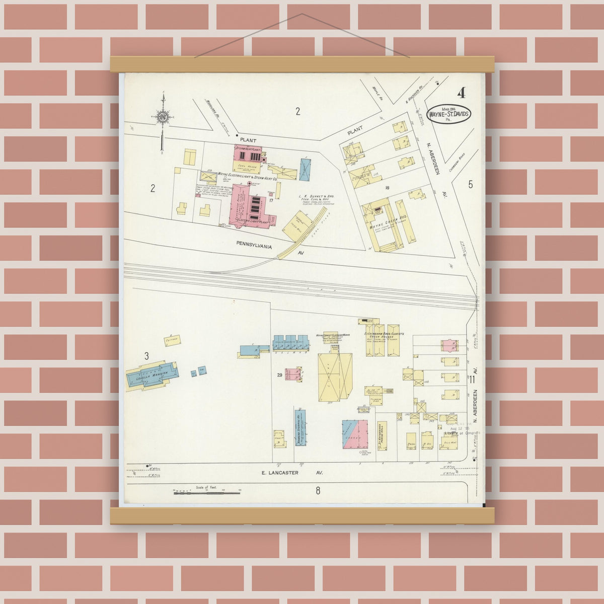 Old map wall art mockup — magnetic wood frame on brick wall — Sanborn Fire Insurance Map from Wayne, Delaware County, Pennsylvania (1914), Sheet #0004