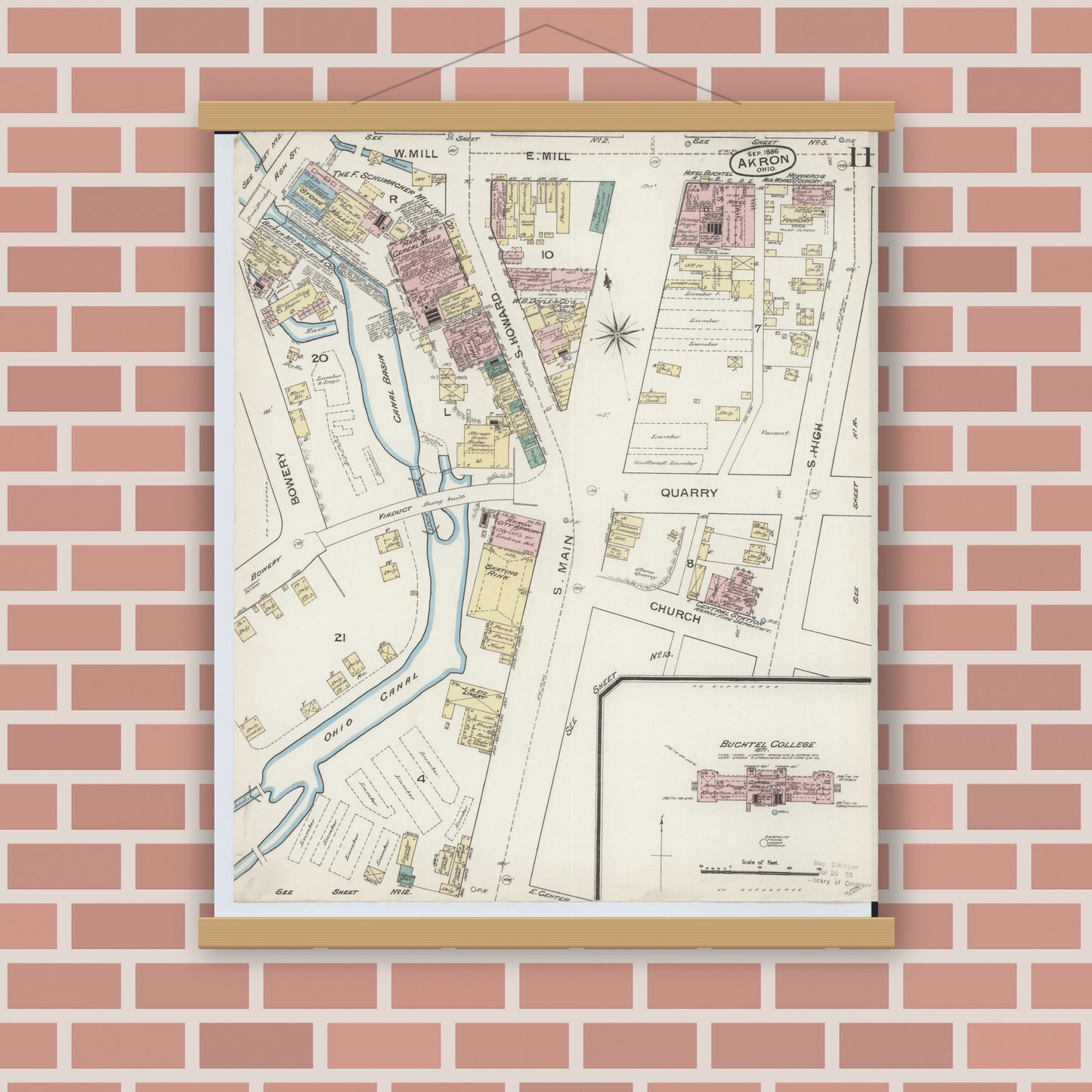 Old map wall art mockup — magnetic wood frame on brick wall — Sanborn Fire Insurance Map from Akron, Summit County, Ohio (1886), Sheet #0011