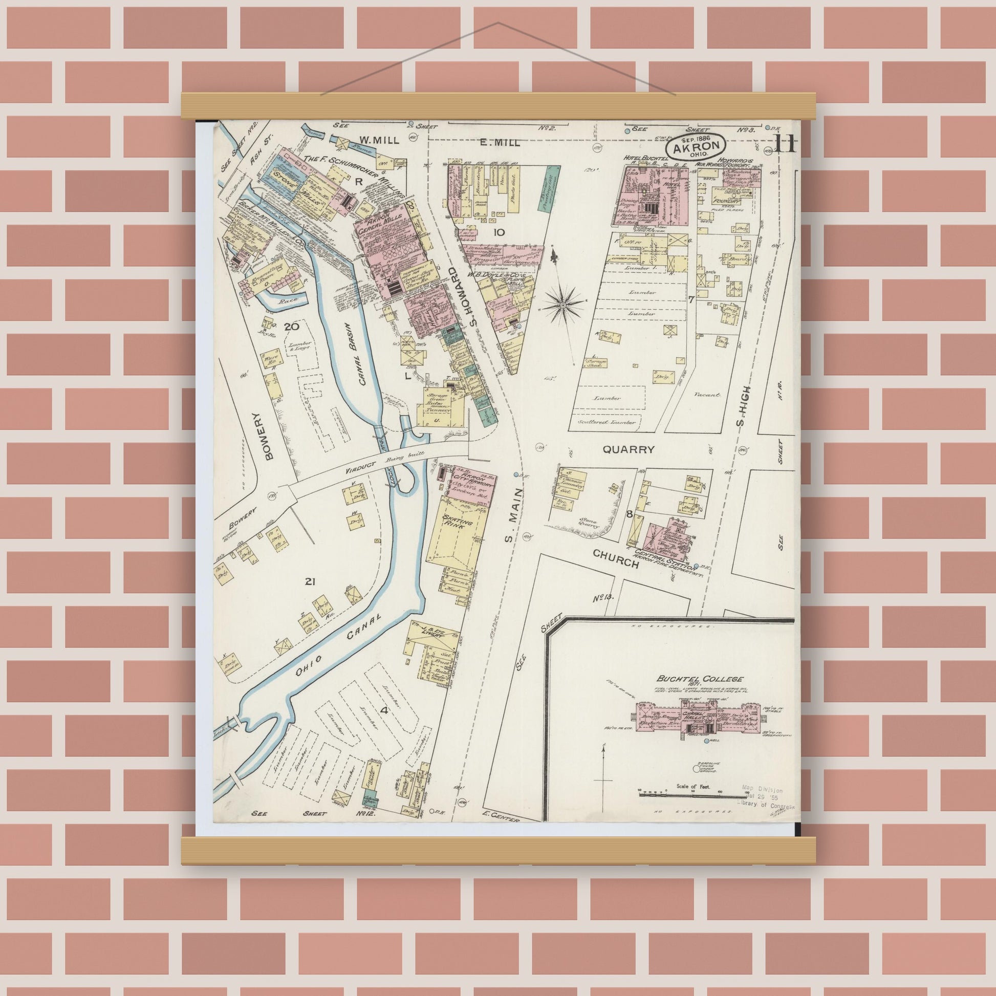 Old map wall art mockup — magnetic wood frame on brick wall — Sanborn Fire Insurance Map from Akron, Summit County, Ohio (1886), Sheet #0011