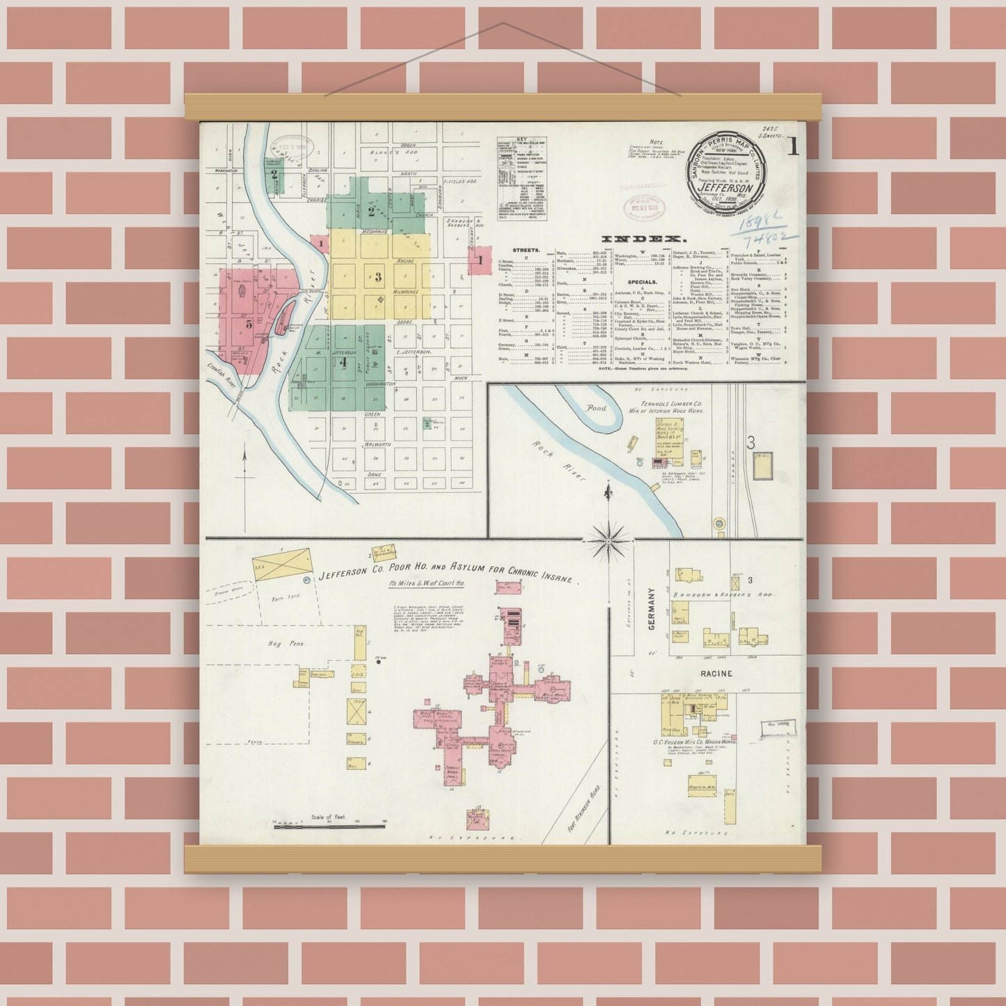 Old map wall art mockup — magnetic wood frame on brick wall — Sanborn Fire Insurance Map from Jefferson, Jefferson County, Wisconsin (1898) - Complete Map Set