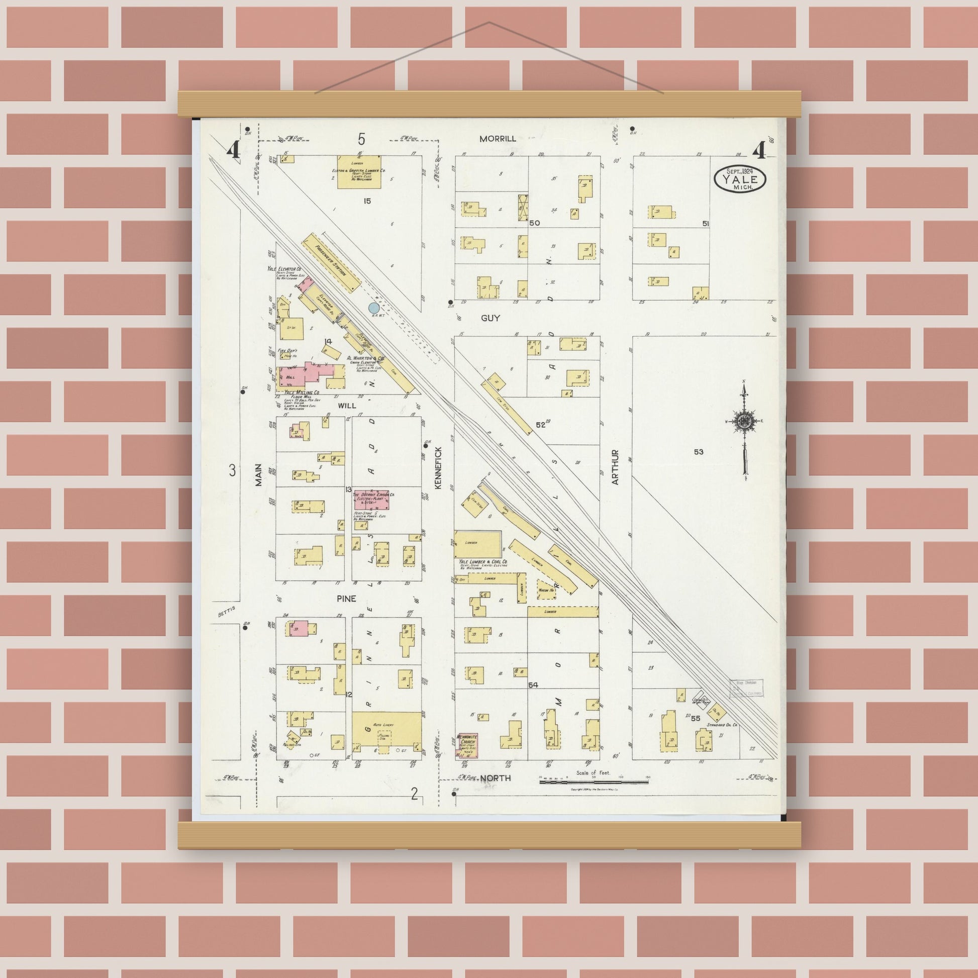 Old map wall art mockup — magnetic wood frame on brick wall — Sanborn Fire Insurance Map from Yale, Saint Clair County, Michigan (1924), Sheet #0004