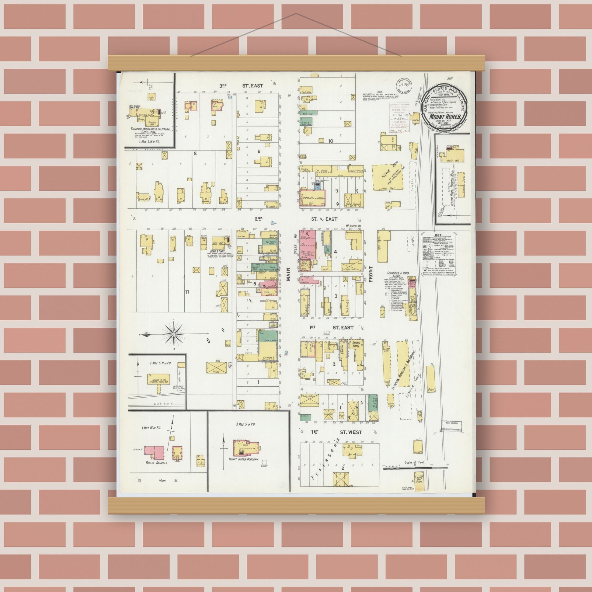Old map wall art mockup — magnetic wood frame on brick wall — Sanborn Fire Insurance Map from Mount Horeb, Dane County, Wisconsin (1899), Sheet #0001