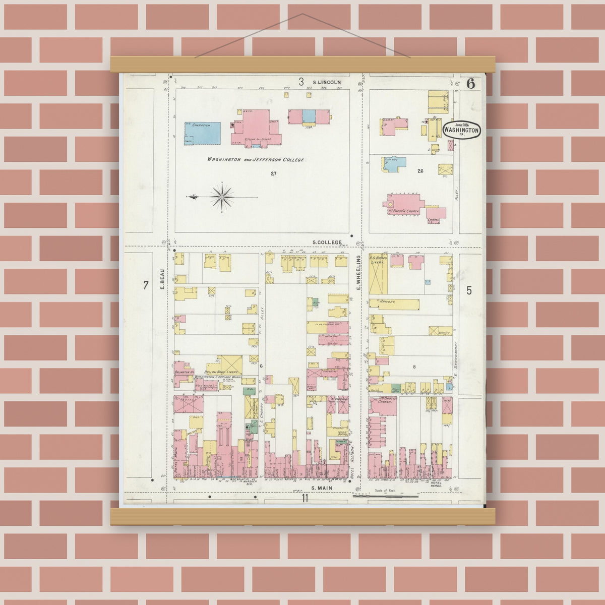 Old map wall art mockup — magnetic wood frame on brick wall — Sanborn Fire Insurance Map from Washington, Washington County, Pennsylvania (1896), Sheet #0006