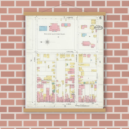 Old map wall art mockup — magnetic wood frame on brick wall — Sanborn Fire Insurance Map from Washington, Washington County, Pennsylvania (1896), Sheet #0006