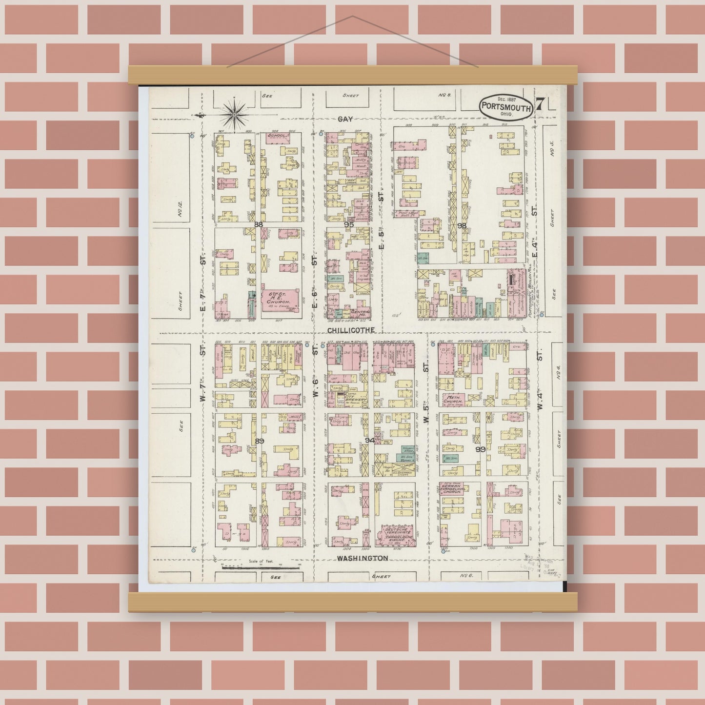 Old map wall art mockup — magnetic wood frame on brick wall — Sanborn Fire Insurance Map from Portsmouth, Scioto County, Ohio (1887), Sheet #0007