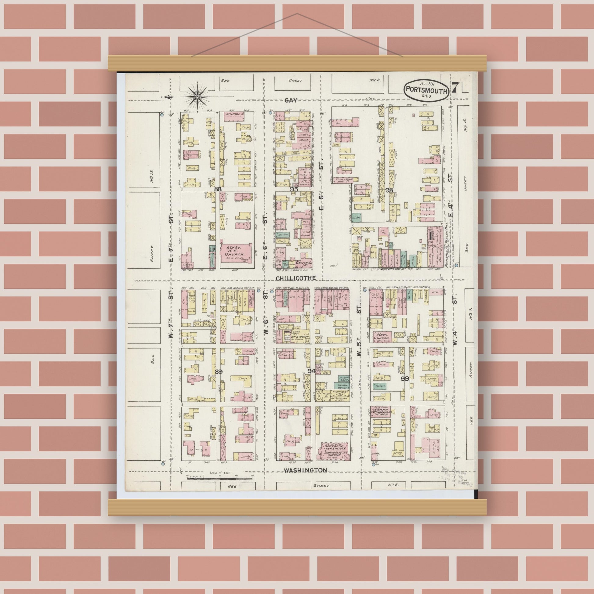 Old map wall art mockup — magnetic wood frame on brick wall — Sanborn Fire Insurance Map from Portsmouth, Scioto County, Ohio (1887), Sheet #0007