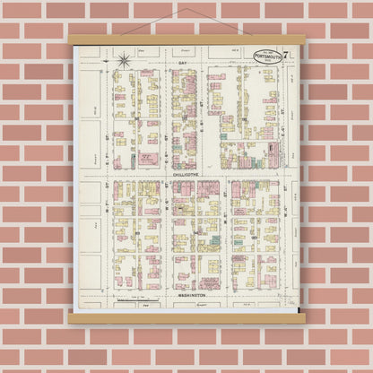 Old map wall art mockup — magnetic wood frame on brick wall — Sanborn Fire Insurance Map from Portsmouth, Scioto County, Ohio (1887), Sheet #0007