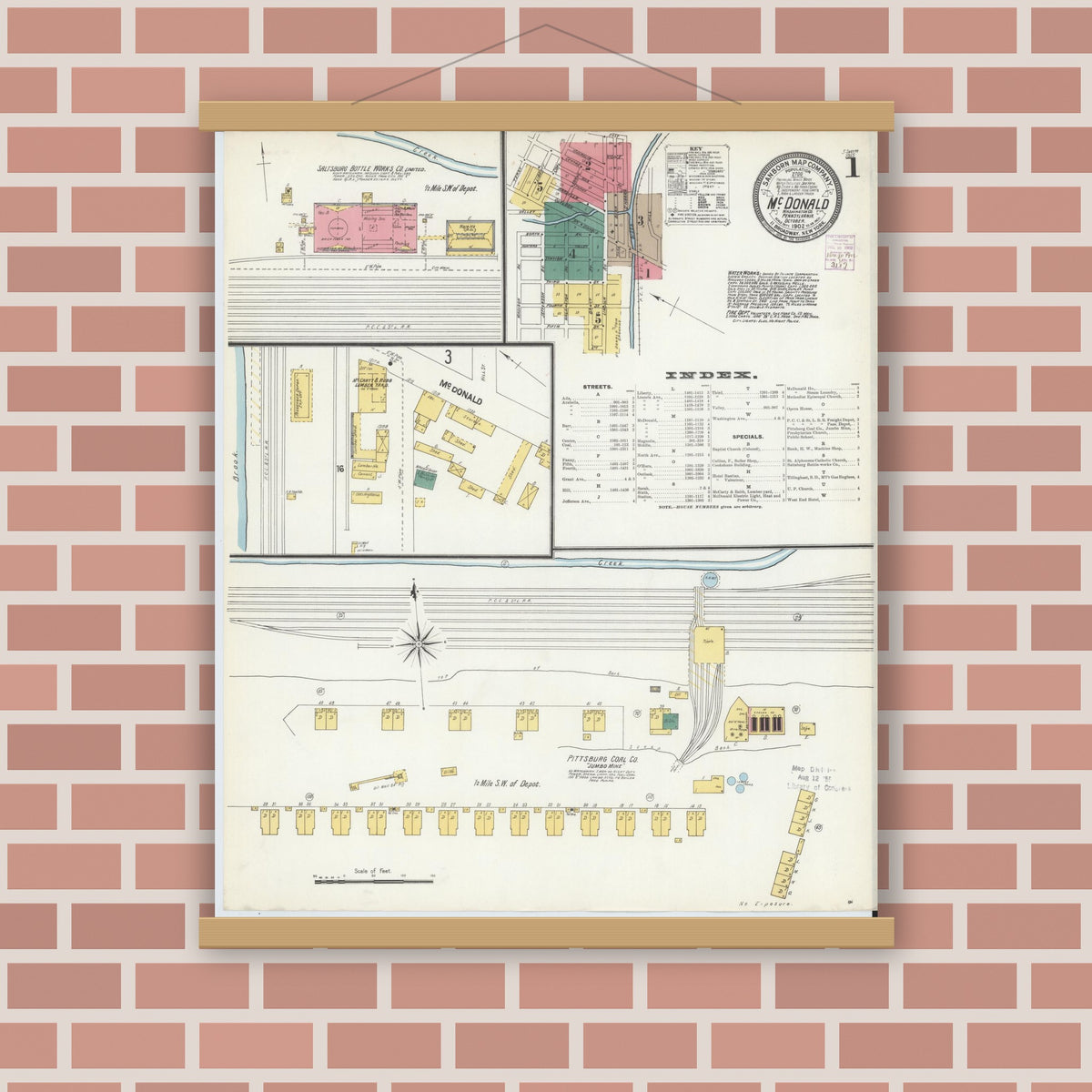 Old map wall art mockup — magnetic wood frame on brick wall — Sanborn Fire Insurance Map from McDonald, Washington County, Pennsylvania (1902) - Complete Map Set