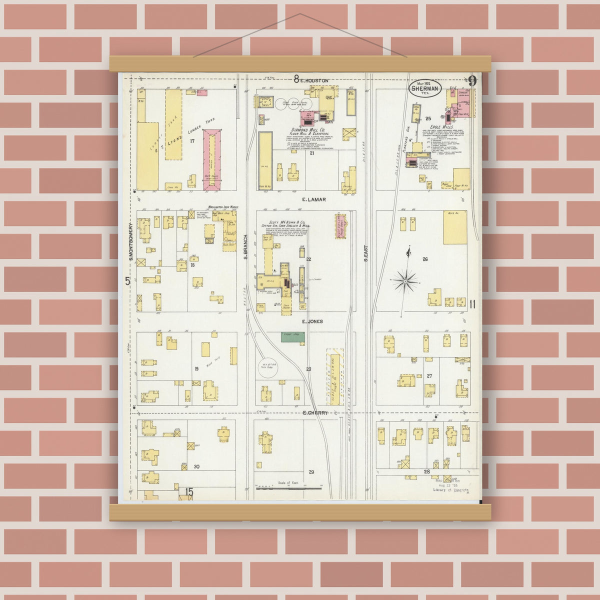Old map wall art mockup — magnetic wood frame on brick wall — Sanborn Fire Insurance Map from Sherman, Grayson County, Texas (1902), Sheet #0009