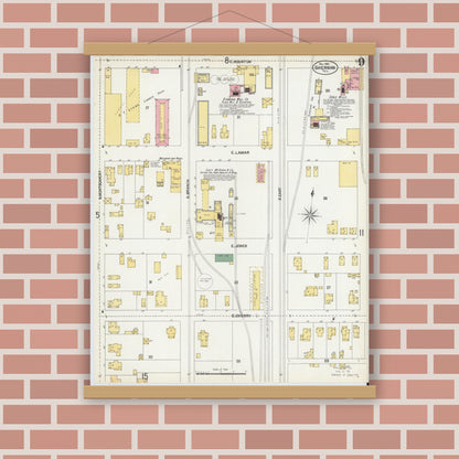 Old map wall art mockup — magnetic wood frame on brick wall — Sanborn Fire Insurance Map from Sherman, Grayson County, Texas (1902), Sheet #0009