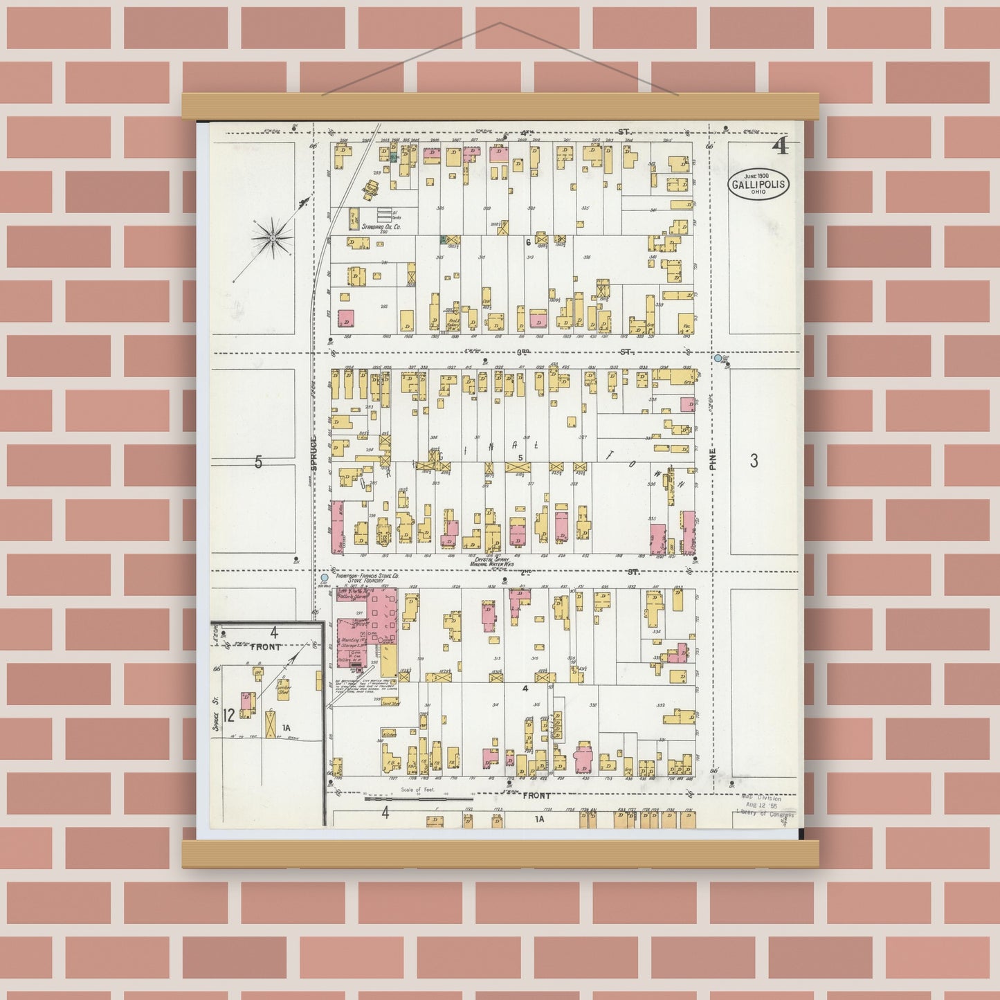 Old map wall art mockup — magnetic wood frame on brick wall — Sanborn Fire Insurance Map from Gallipolis, Gallia County, Ohio (1900), Sheet #0004