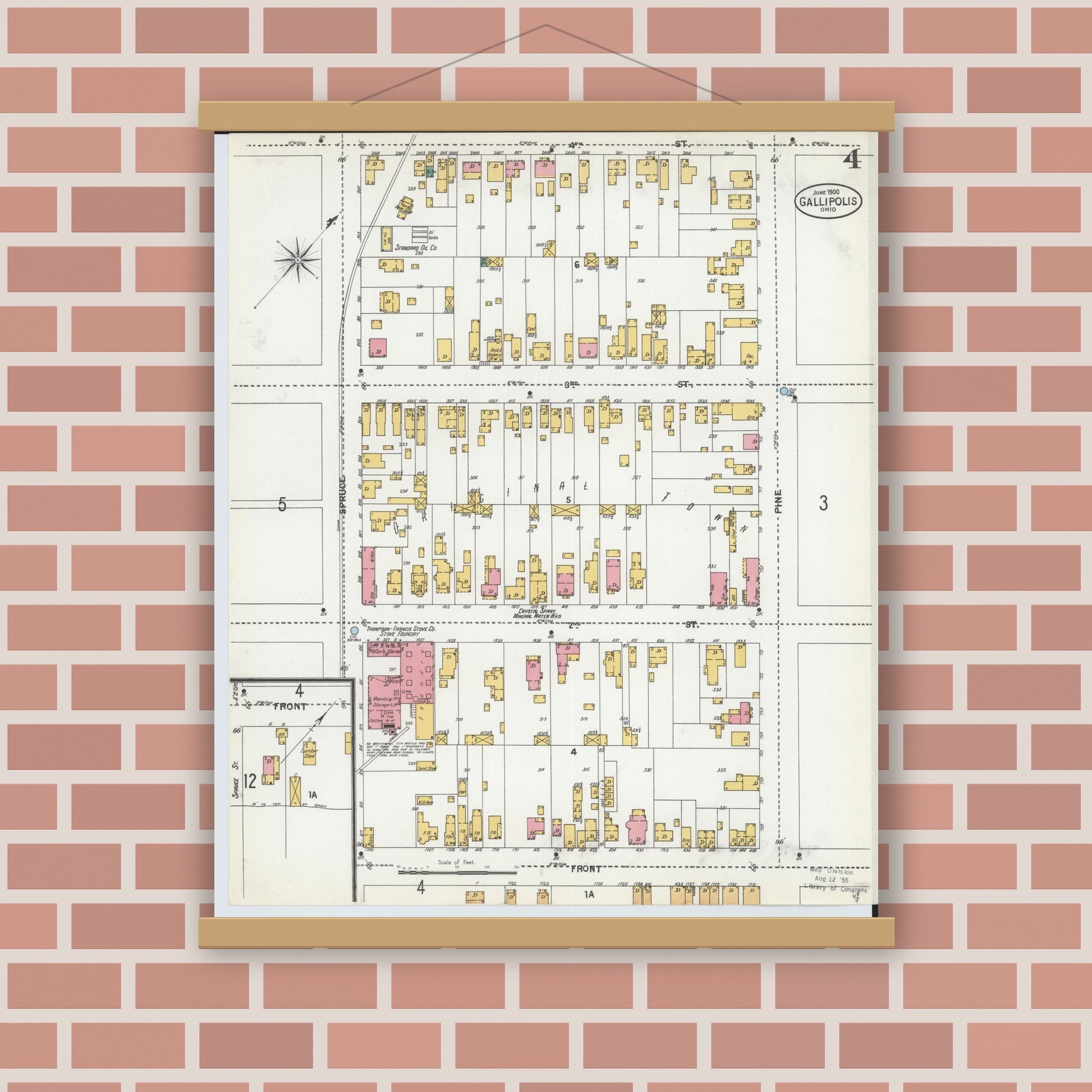 Old map wall art mockup — magnetic wood frame on brick wall — Sanborn Fire Insurance Map from Gallipolis, Gallia County, Ohio (1900), Sheet #0004