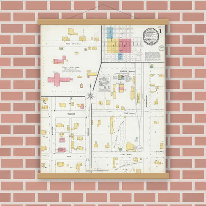 Old map wall art mockup — magnetic wood frame on brick wall — Sanborn Fire Insurance Map from Lancaster, Grant County, Wisconsin (1899) - Complete Map Set