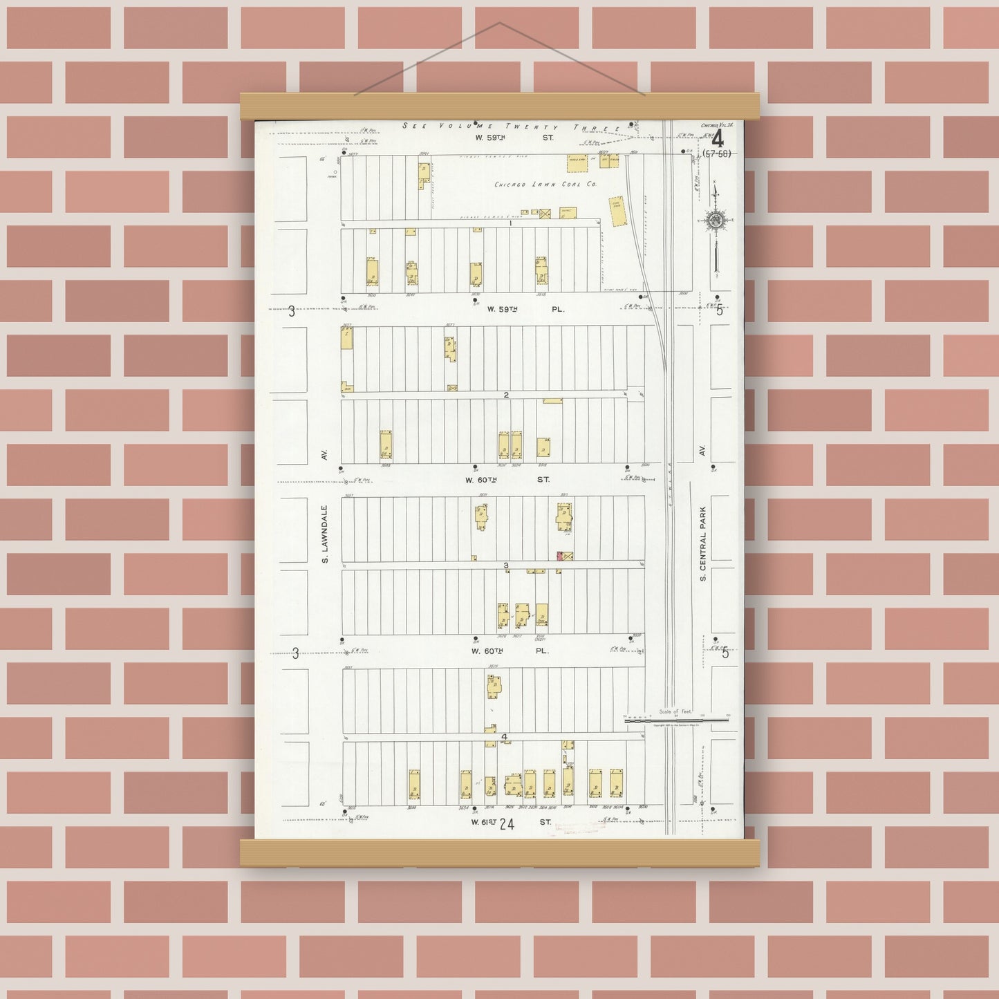 Old map wall art mockup — magnetic wood frame on brick wall — Sanborn Fire Insurance Map from Chicago, Cook County, Illinois (1920), Sheet #0004
