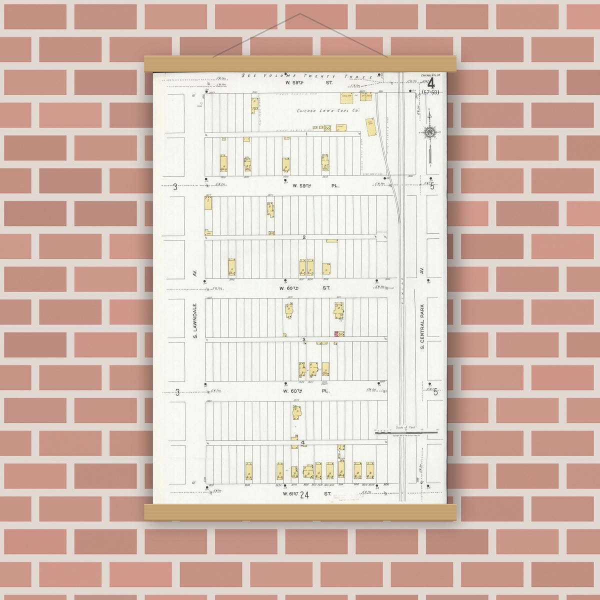 Old map wall art mockup — magnetic wood frame on brick wall — Sanborn Fire Insurance Map from Chicago, Cook County, Illinois (1920), Sheet #0004