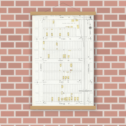 Old map wall art mockup — magnetic wood frame on brick wall — Sanborn Fire Insurance Map from Chicago, Cook County, Illinois (1920), Sheet #0004