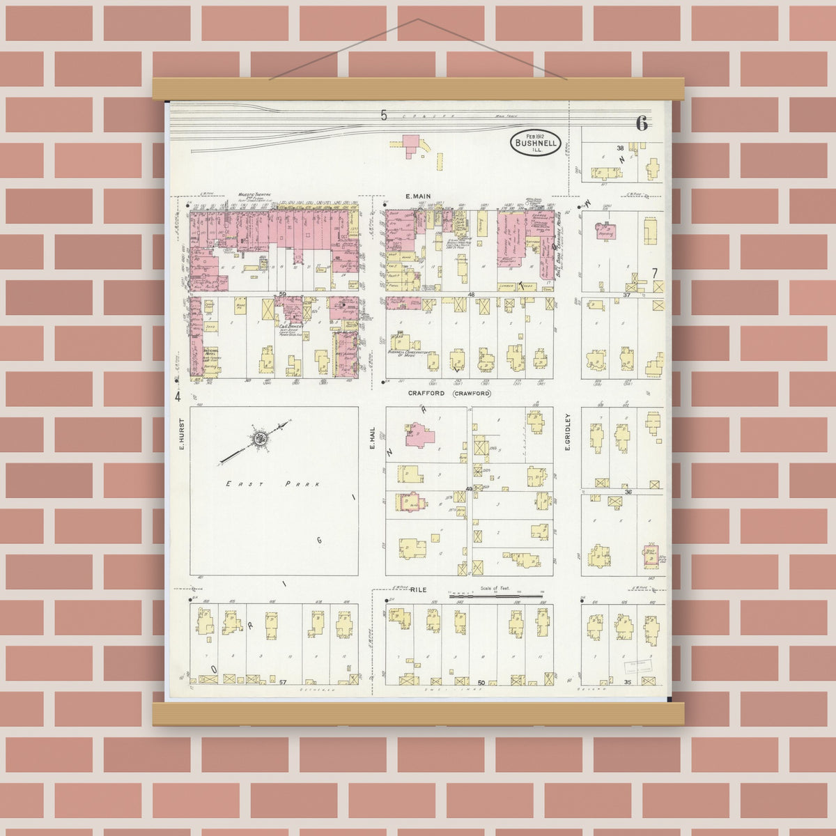 Old map wall art mockup — magnetic wood frame on brick wall — Sanborn Fire Insurance Map from Bushnell, Mcdonough County, Illinois (1912), Sheet #0006