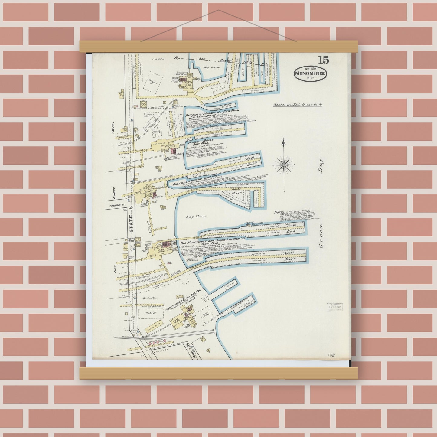 Old map wall art mockup — magnetic wood frame on brick wall — Sanborn Fire Insurance Map from Menominee, Menominee County, Michigan (1890), Sheet #0015
