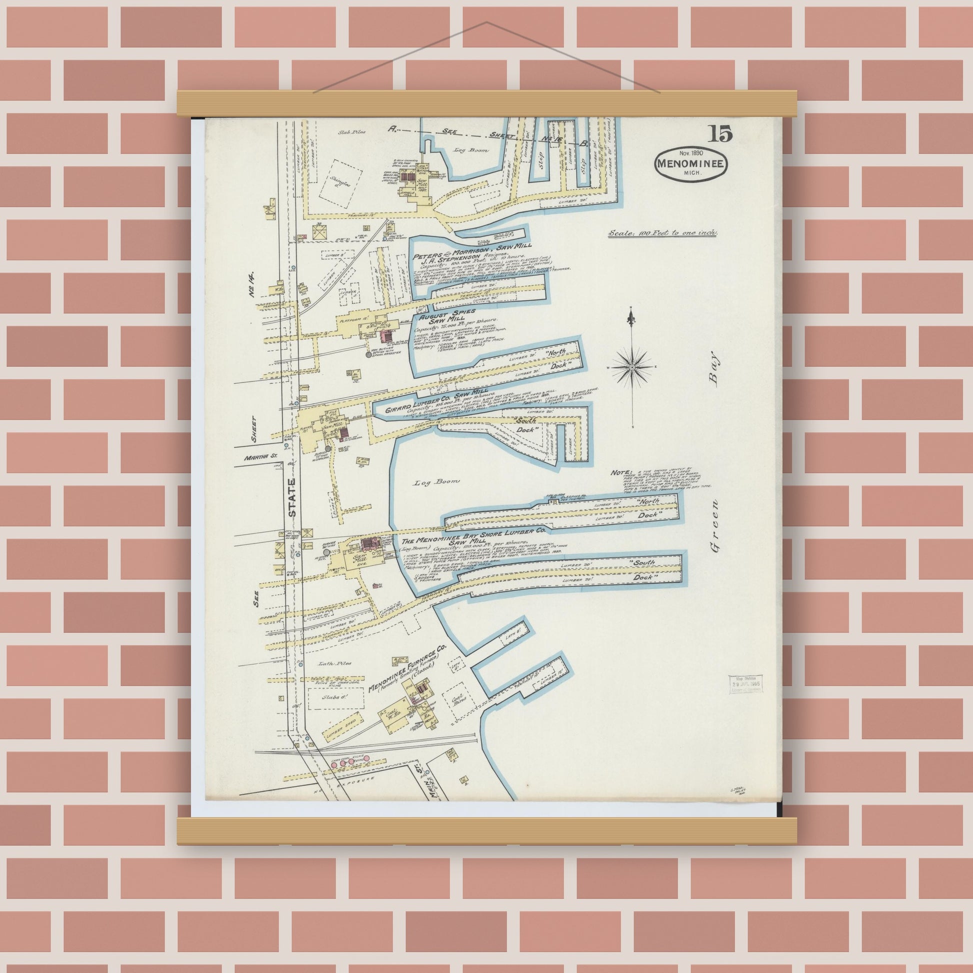 Old map wall art mockup — magnetic wood frame on brick wall — Sanborn Fire Insurance Map from Menominee, Menominee County, Michigan (1890), Sheet #0015
