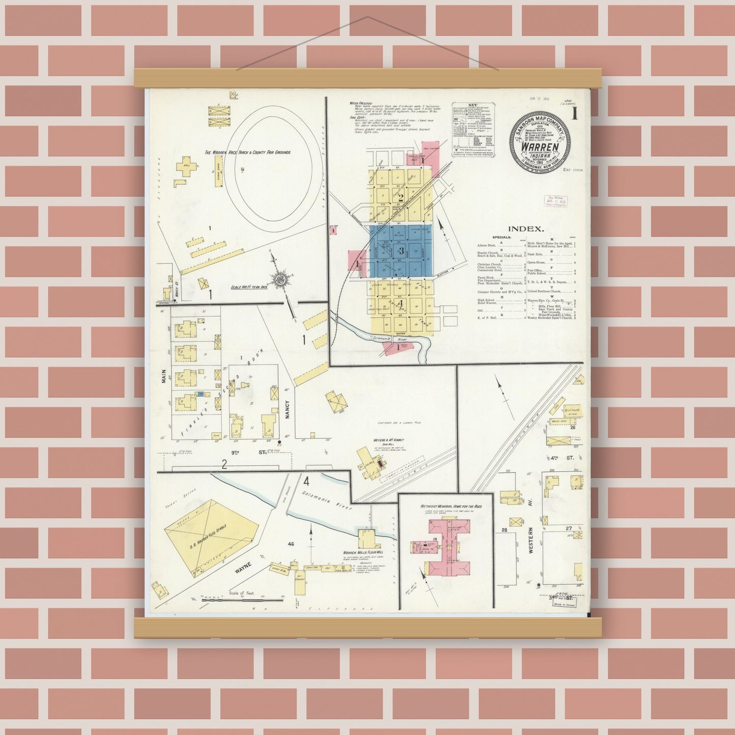 Old map wall art mockup — magnetic wood frame on brick wall — Sanborn Fire Insurance Map from Warren, Huntington County, Indiana (1911) - Complete Map Set