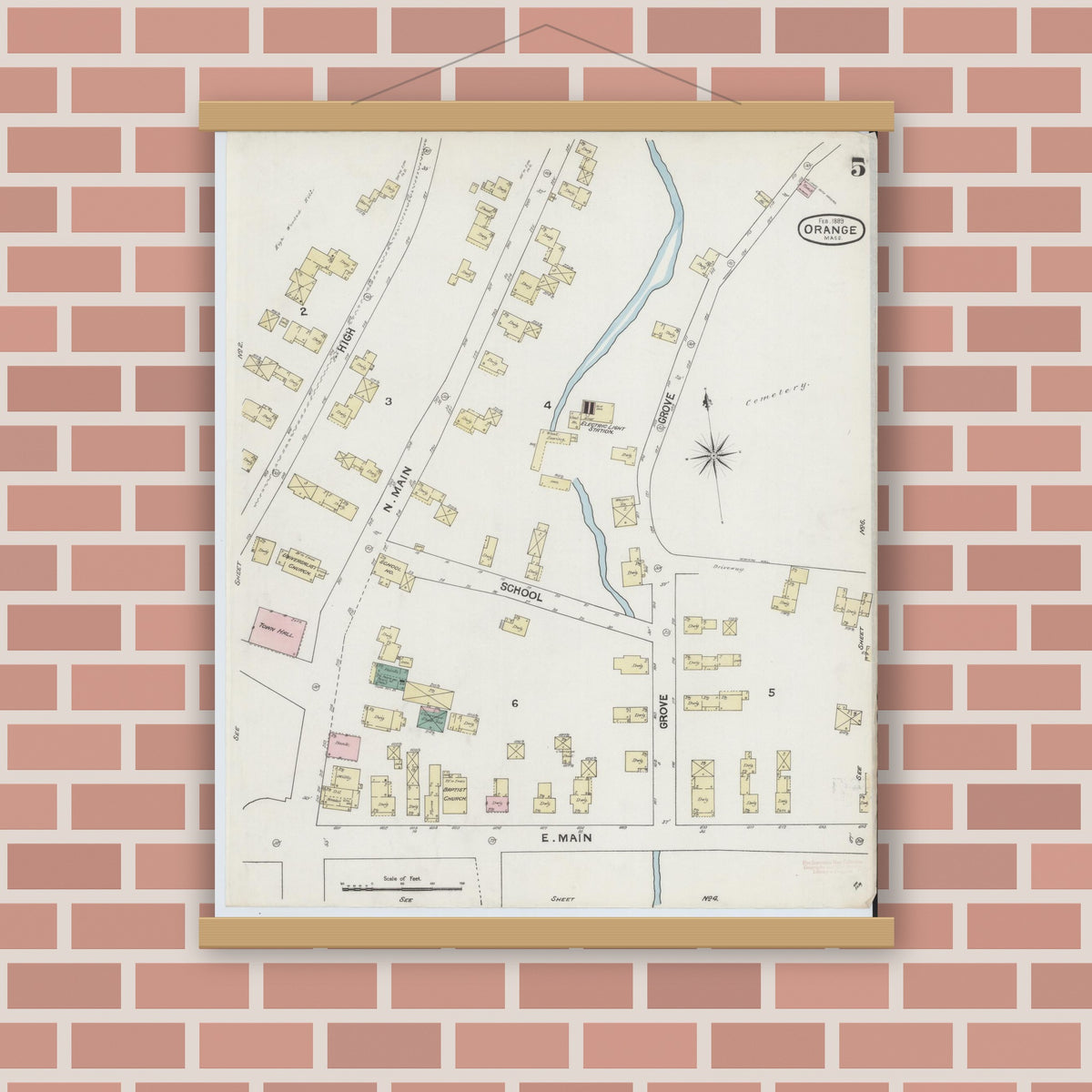 Old map wall art mockup — magnetic wood frame on brick wall — Sanborn Fire Insurance Map from Orange, Franklin County, Massachusetts (1889), Sheet #0005