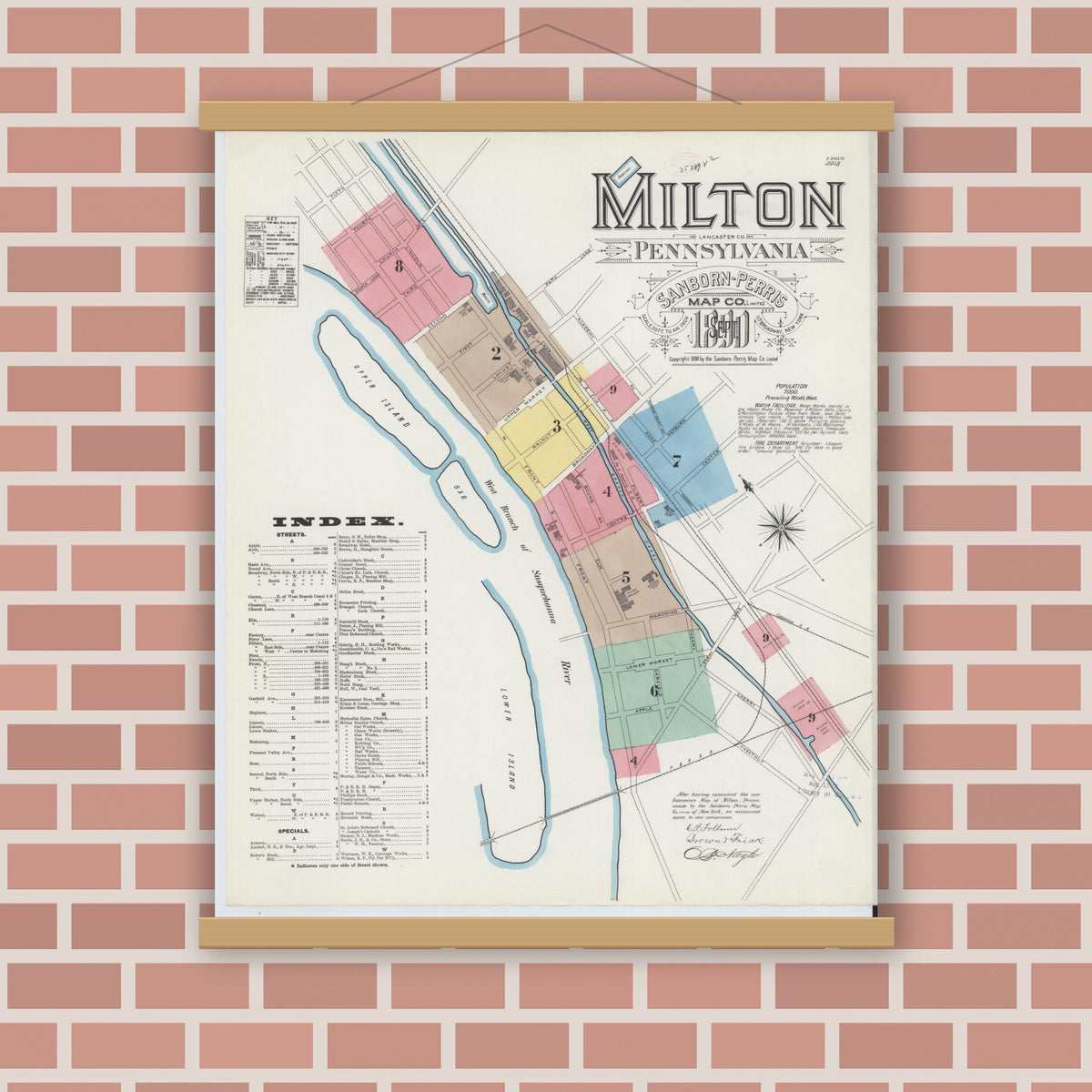 Old map wall art mockup — magnetic wood frame on brick wall — Sanborn Fire Insurance Map from Milton, Northumberland County, Pennsylvania (1890) - Complete Map Set